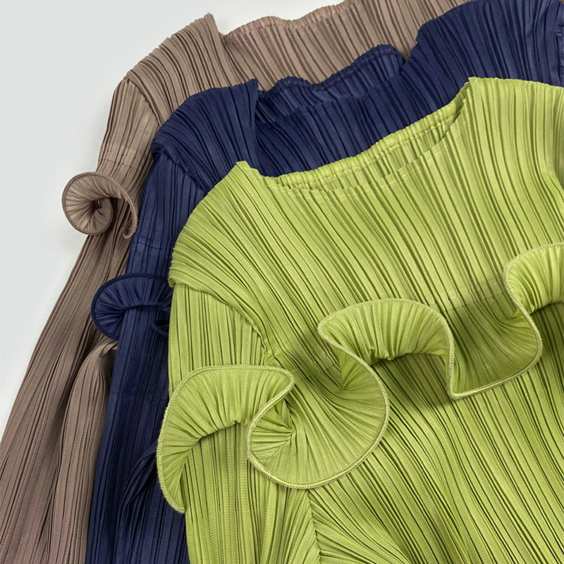 Solid Color Long Sleeve Pleated Dress