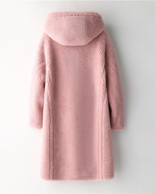 Teddy Bear Icon 100% Wool&Cashmere Coat–Cherry Blossom Pink with Hood