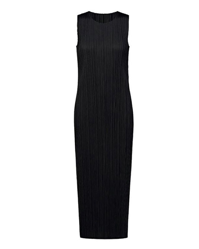 Pleated Midi Dress | Sleeveless, Stretchy, Maternity Friendly -Black