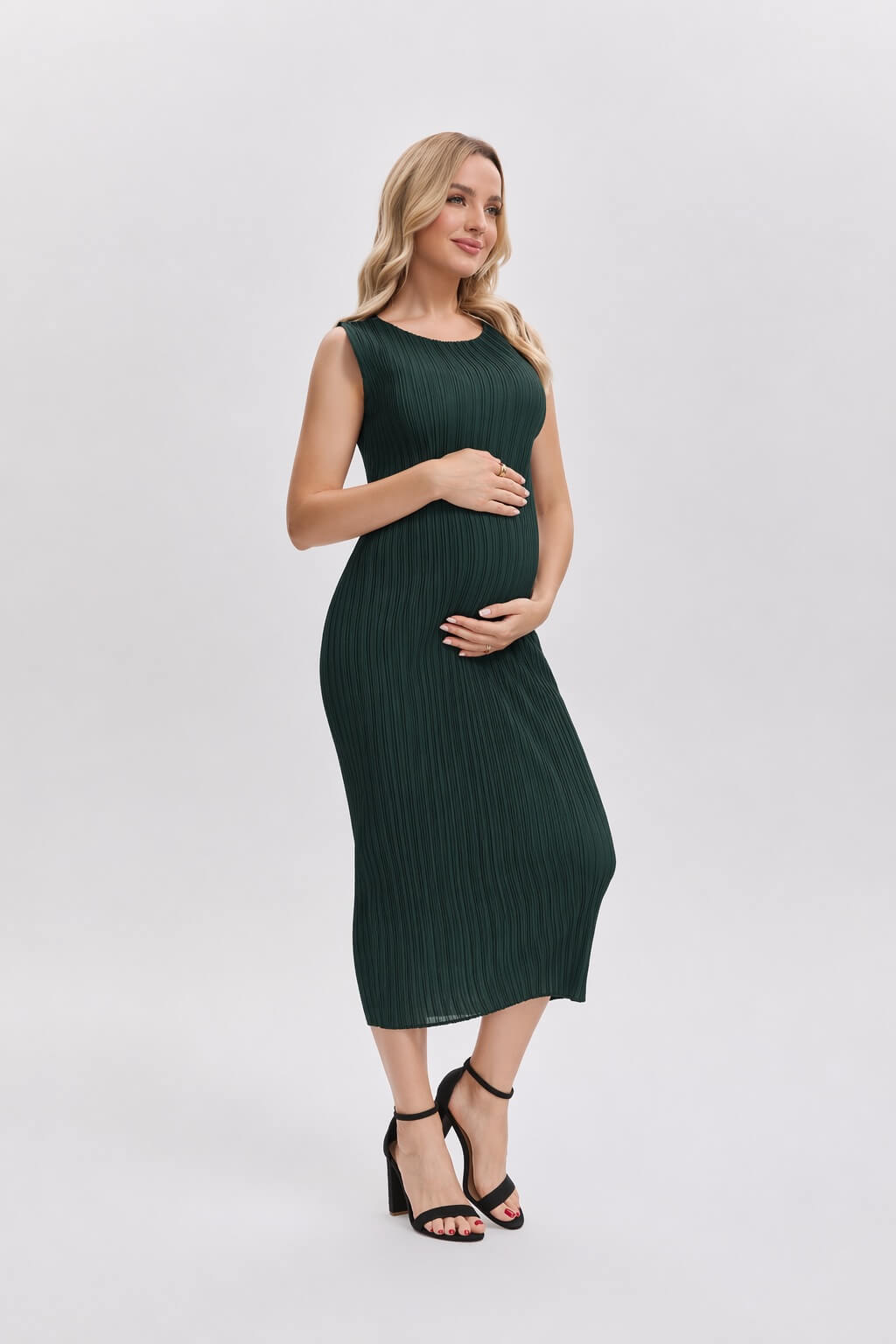 Pleated Midi Dress | Sleeveless, Stretchy, Maternity Friendly -Olive Green