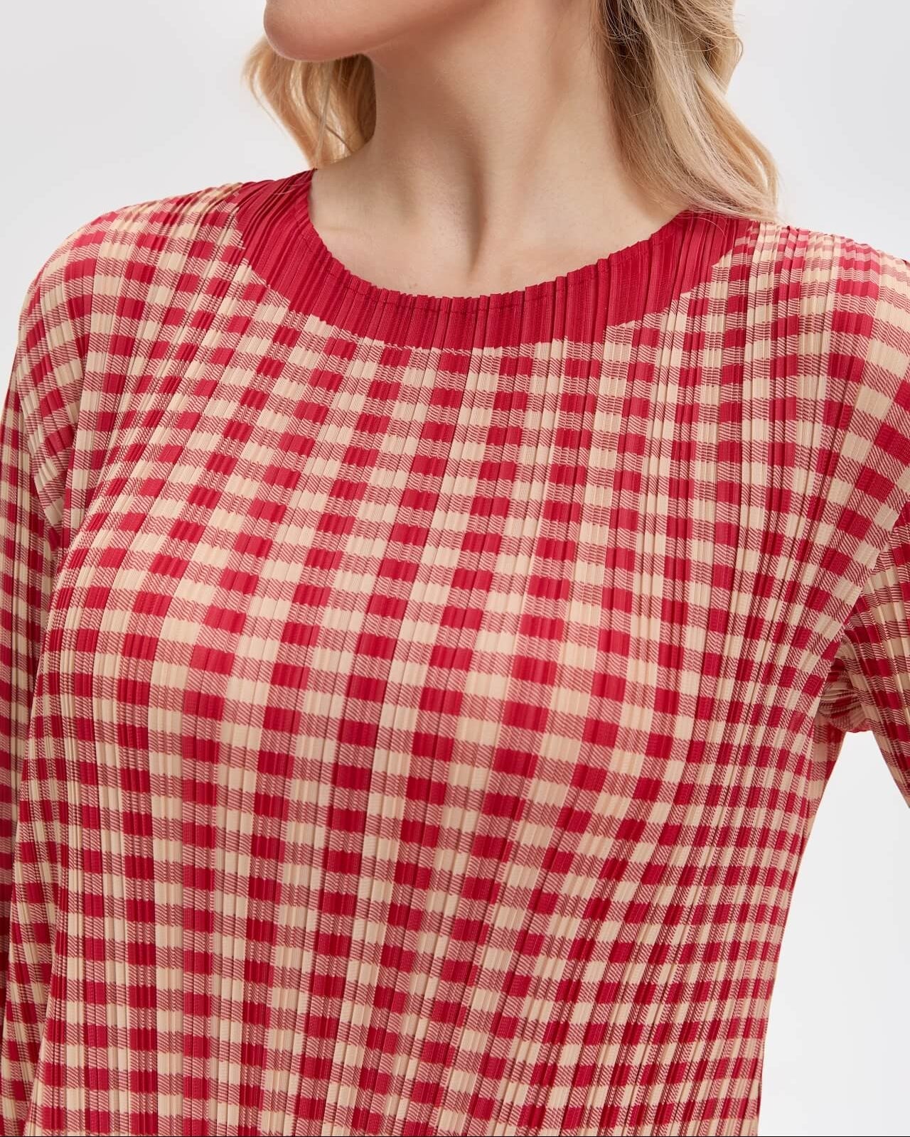 Pleated Gingham Midi Dress With Pockets