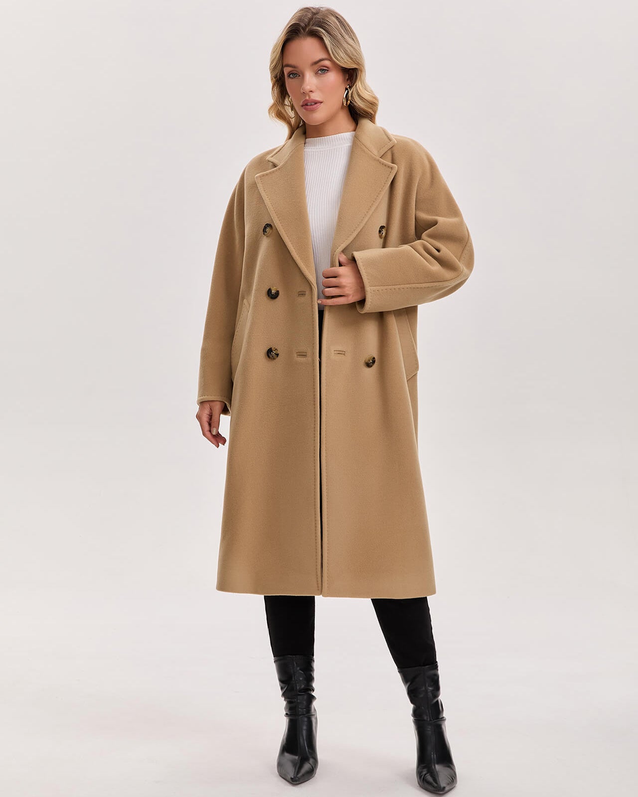 Women’s Double-Faced 100% Wool & Cashmere Double-Breasted Coat- CAMEL