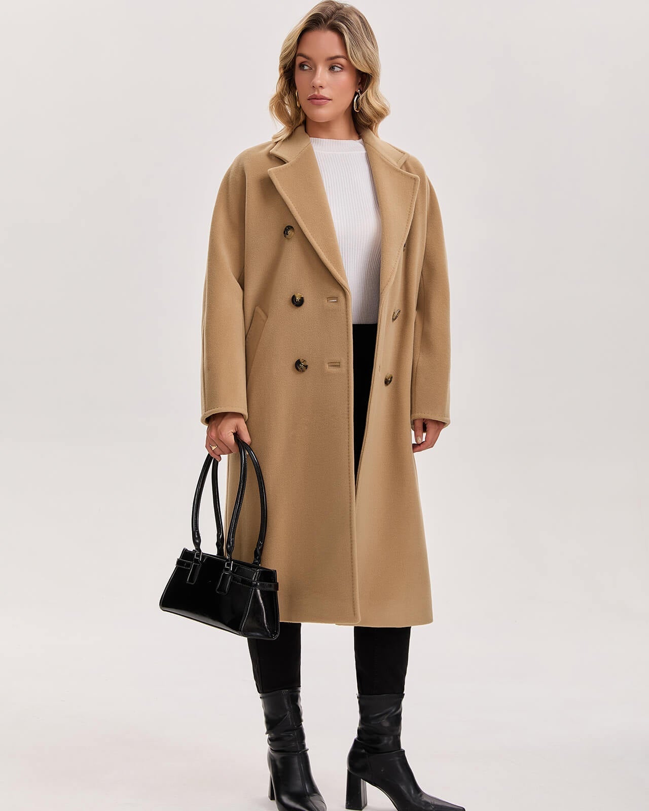 Women’s Double-Faced 100% Wool & Cashmere Double-Breasted Coat- CAMEL