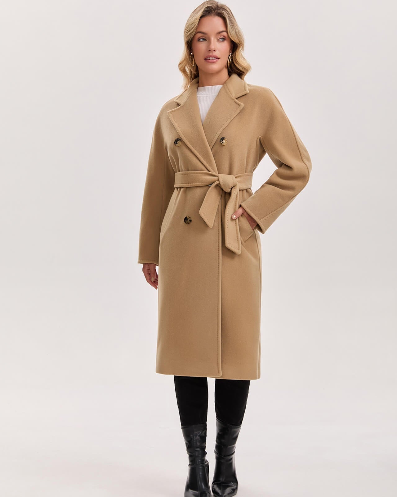 Women’s Double-Faced 100% Wool & Cashmere Double-Breasted Coat- CAMEL