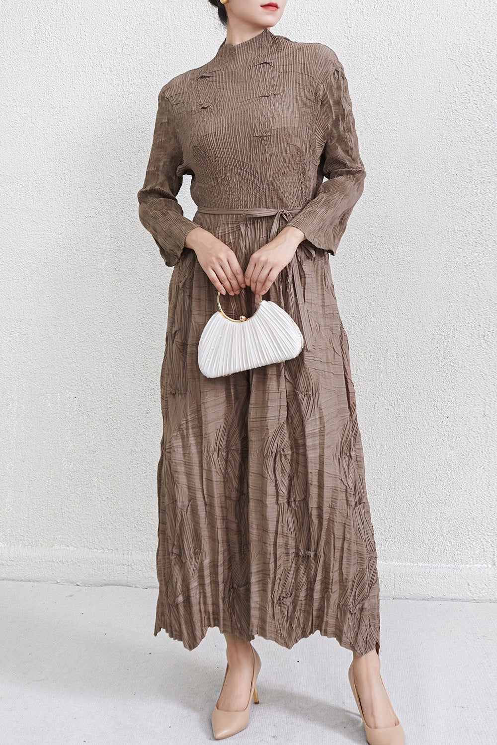 Irregular Lace-Up Pleated Maxi Dress
