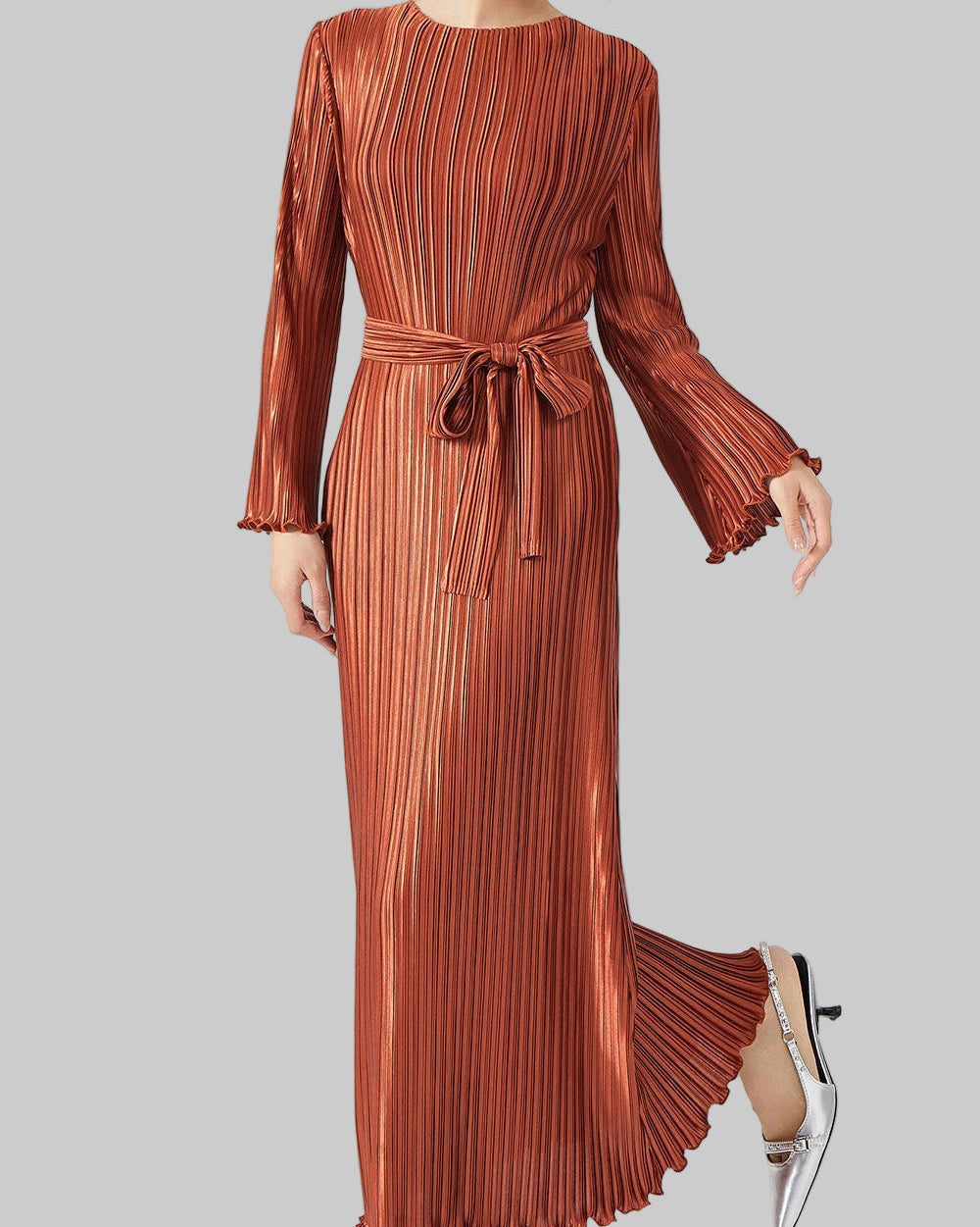 Long Sleeve Pleated Maxi Dress – Lace-Up Waist