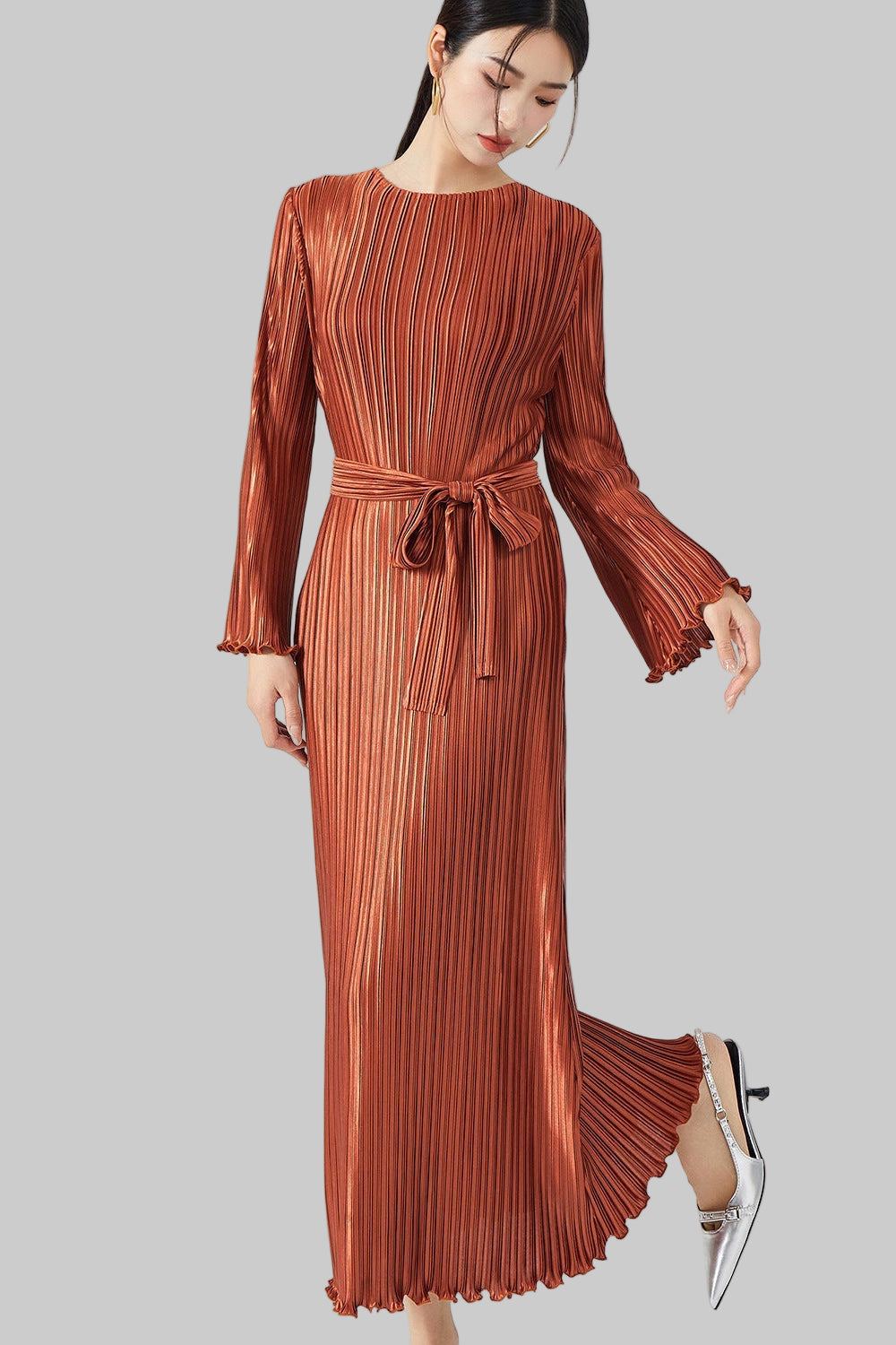 Long Sleeve Pleated Maxi Dress – Lace-Up Waist