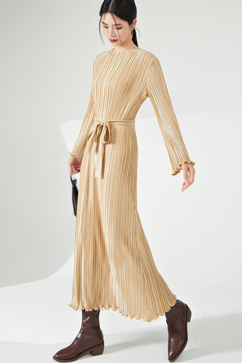 Long Sleeve Pleated Maxi Dress – Lace-Up Waist