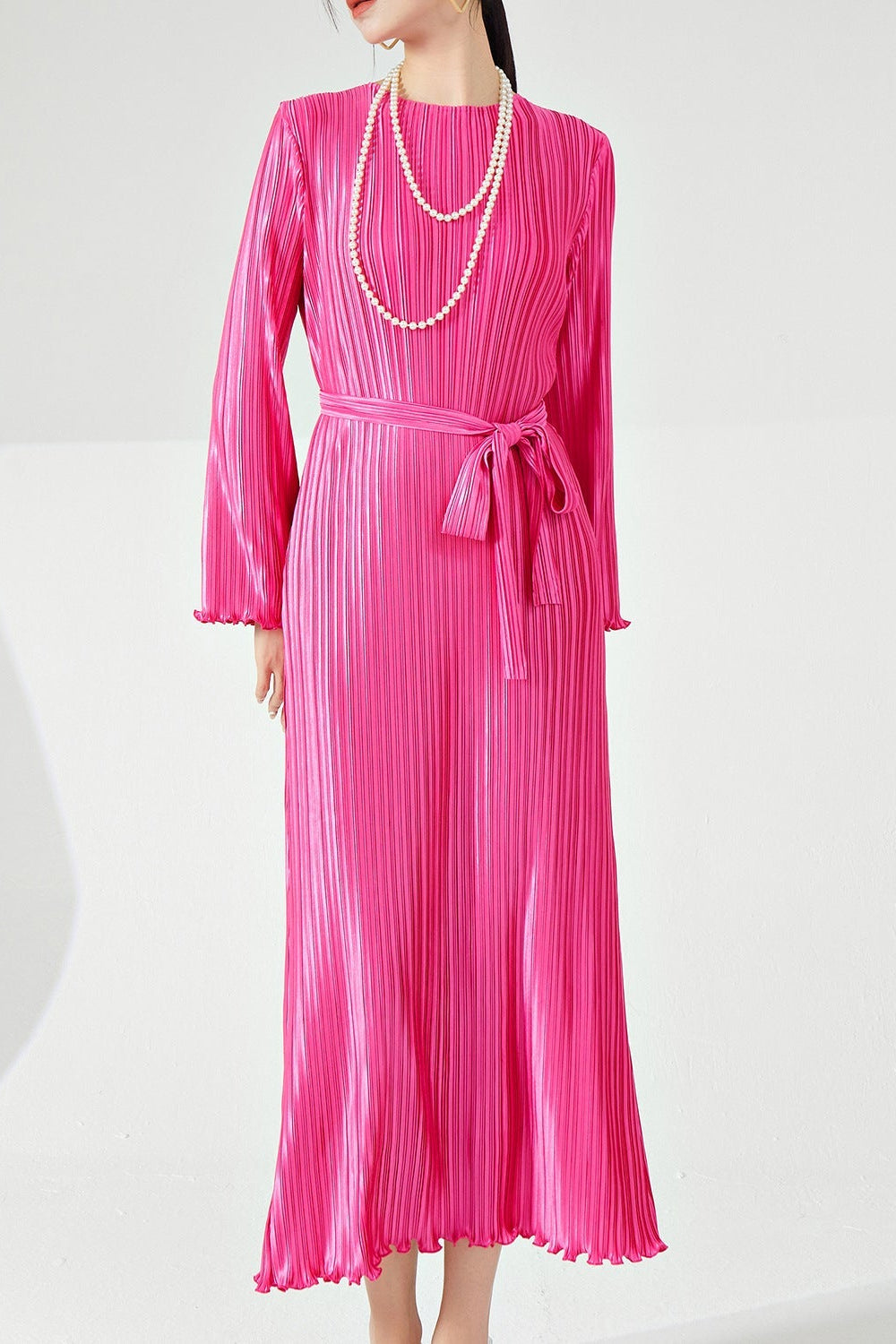 Long Sleeve Pleated Maxi Dress – Lace-Up Waist