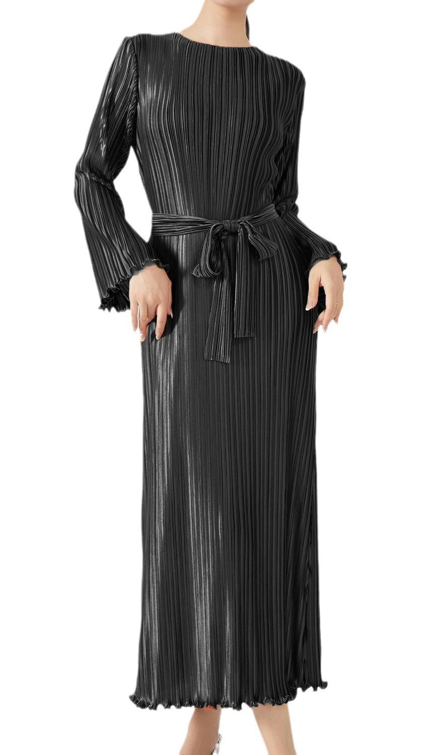 Long Sleeve Pleated Maxi Dress – Lace-Up Waist