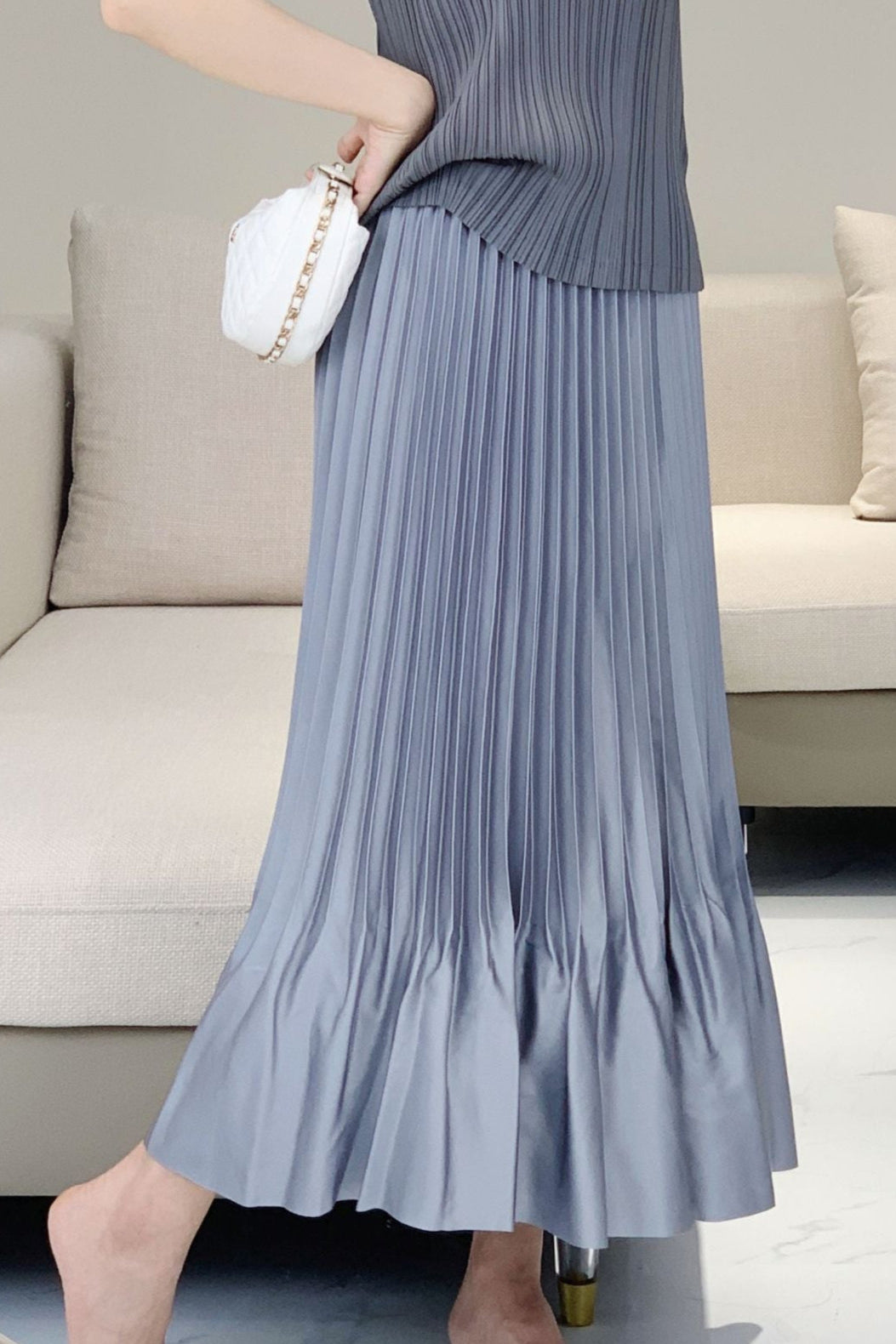 Satin Ruffled Pleated Midi Skirt