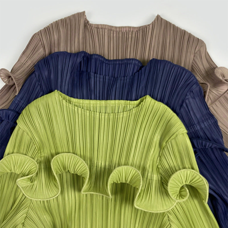 Solid Color Long Sleeve Pleated Dress