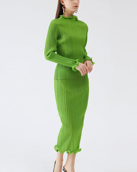 Green Pleated A-Line Skirt Set