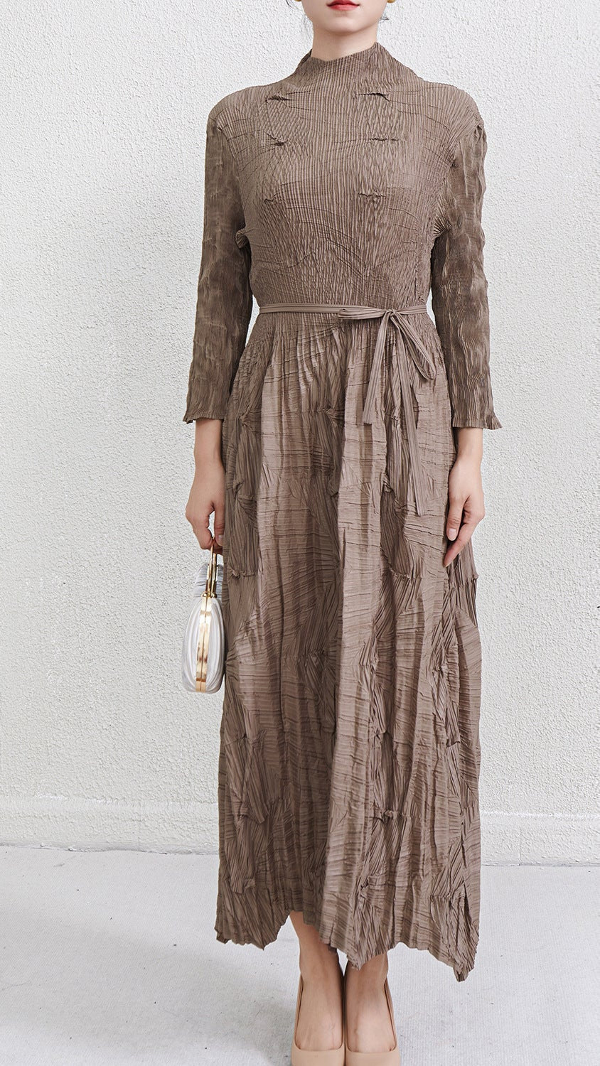 Irregular Lace-Up Pleated Maxi Dress