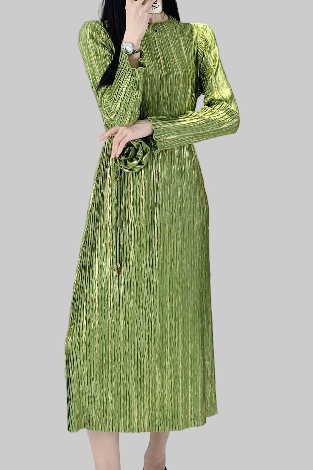Foil Print Pleated Midi Dress