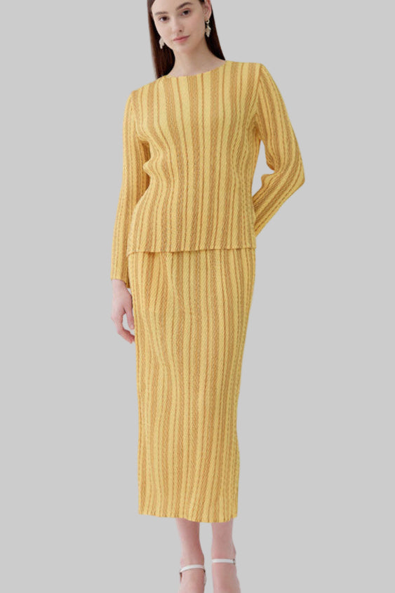 Pleated Striped Top and Slim Skirt Set