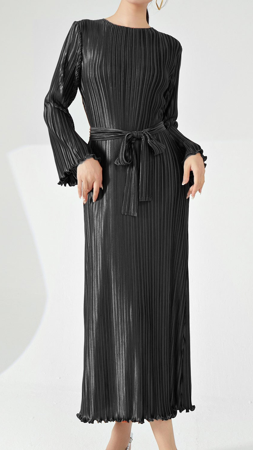 Long Sleeve Pleated Maxi Dress – Lace-Up Waist