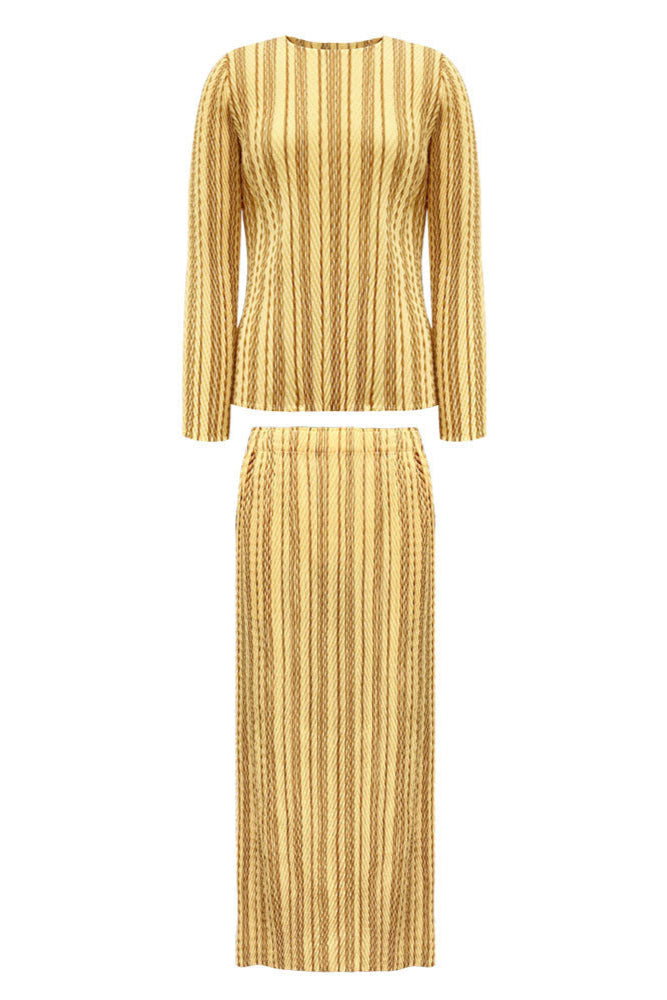 Pleated Striped Top and Slim Skirt Set