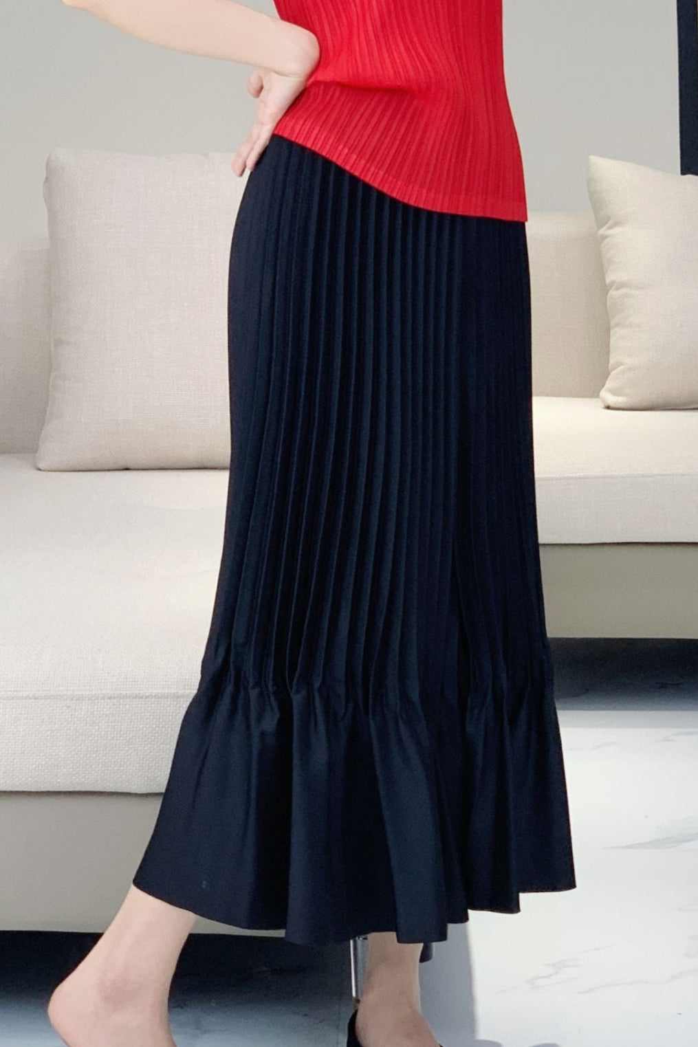 Satin Ruffled Pleated Midi Skirt