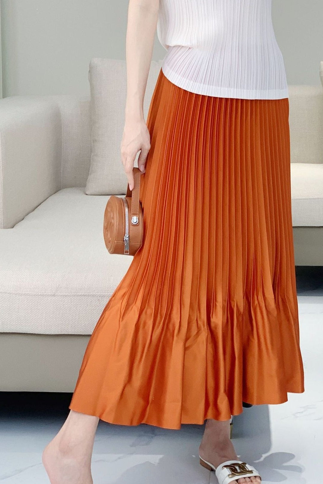 Satin Ruffled Pleated Midi Skirt