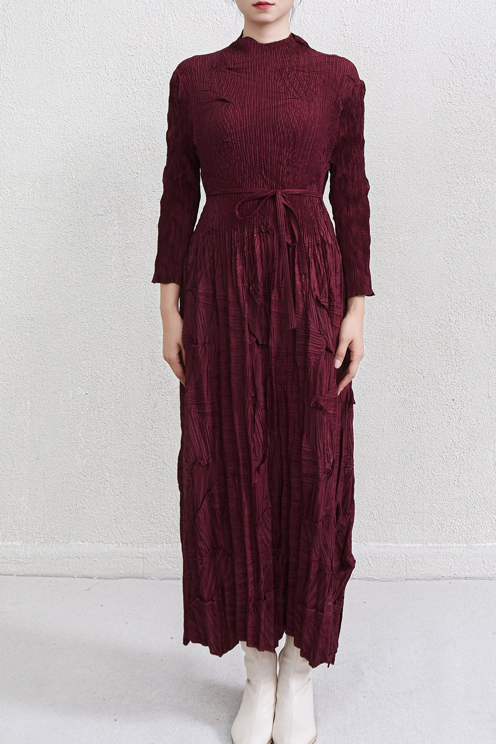 Irregular Lace-Up Pleated Maxi Dress