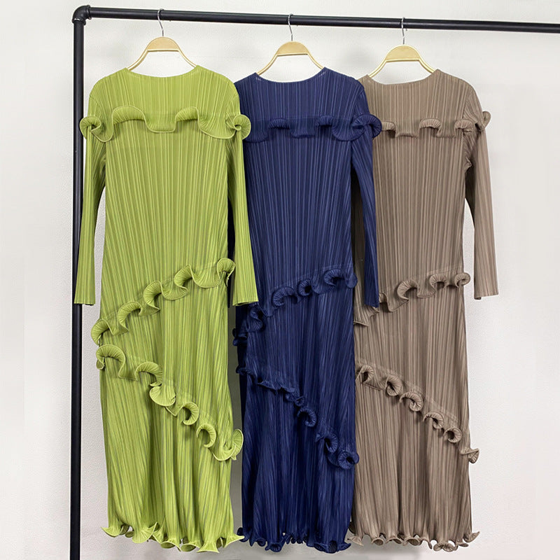 Solid Color Long Sleeve Pleated Dress