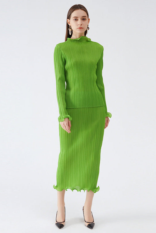 Green Pleated A-Line Skirt Set