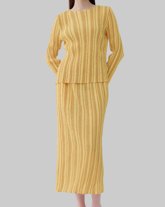 Pleated Striped Top and Slim Skirt Set