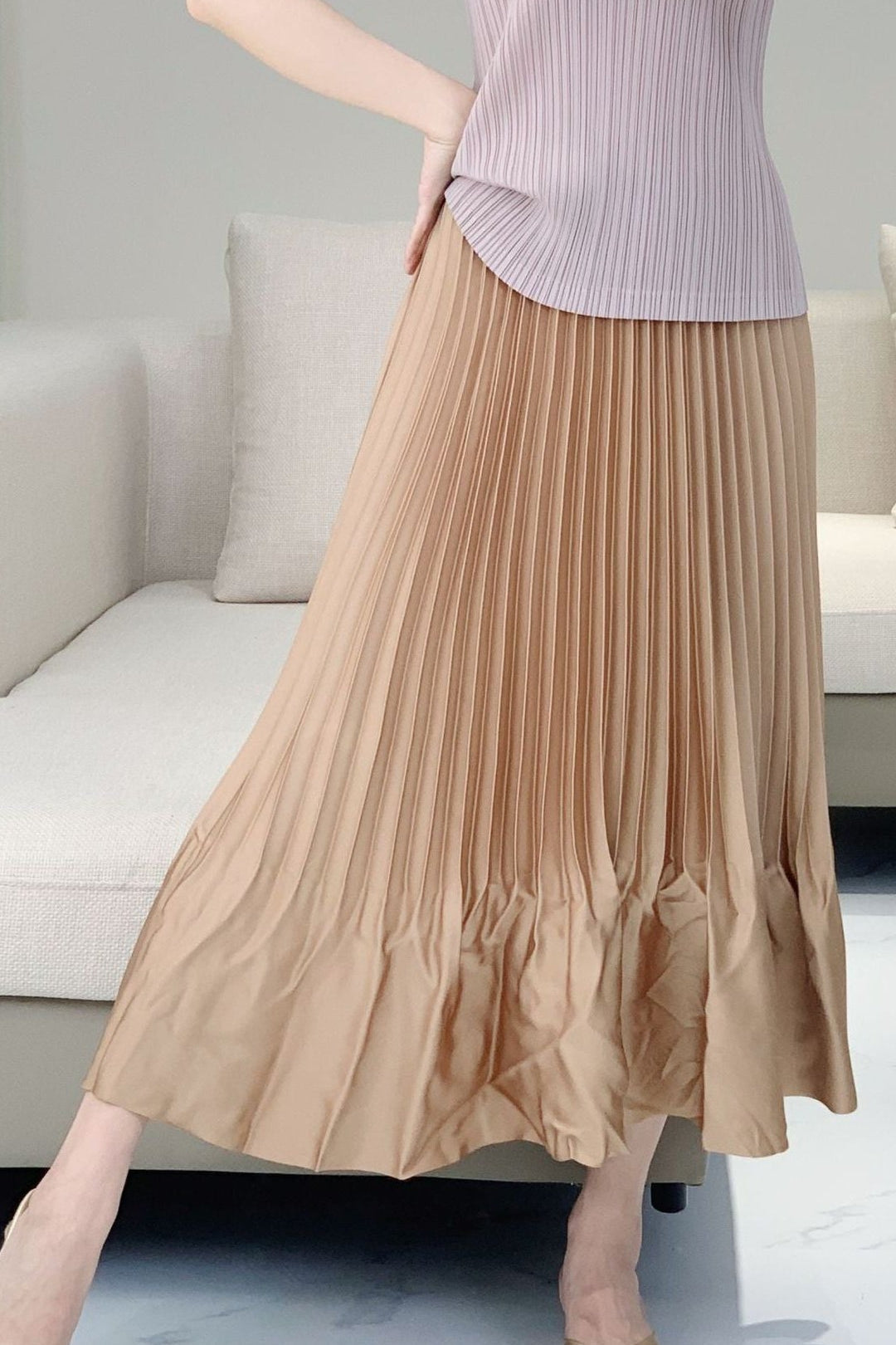 Satin Ruffled Pleated Midi Skirt
