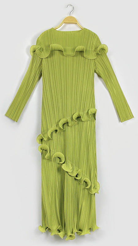 Solid Color Long Sleeve Pleated Dress