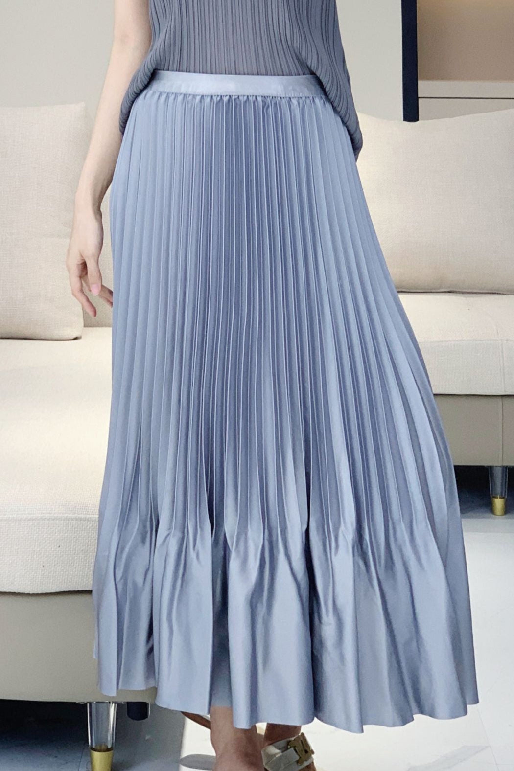 Satin Ruffled Pleated Midi Skirt