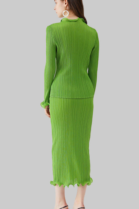 Green Pleated A-Line Skirt Set