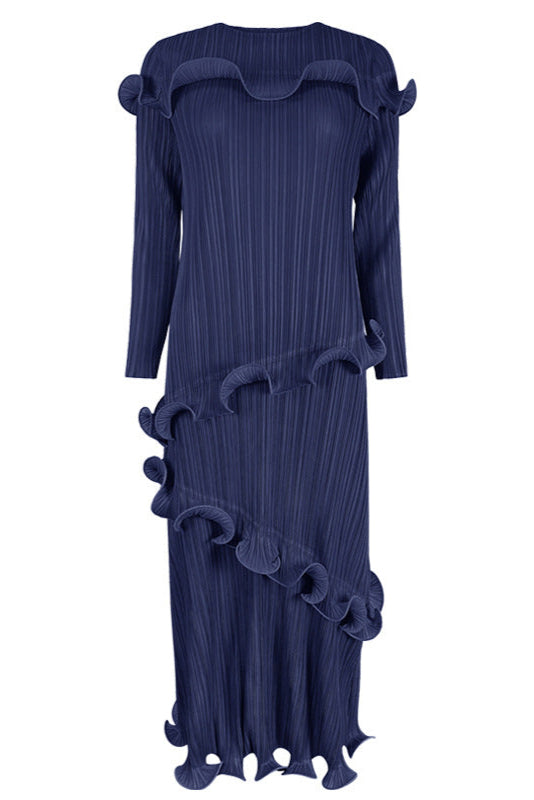 Solid Color Long Sleeve Pleated Dress