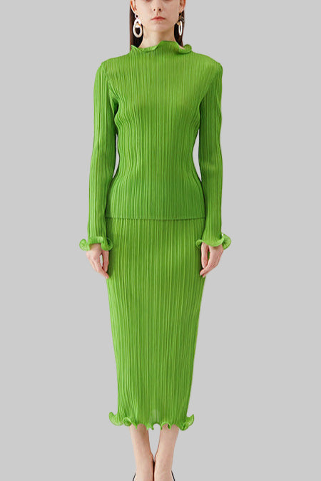 Green Pleated A-Line Skirt Set