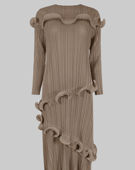 Solid Color Long Sleeve Pleated Dress