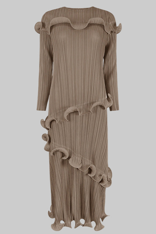Solid Color Long Sleeve Pleated Dress