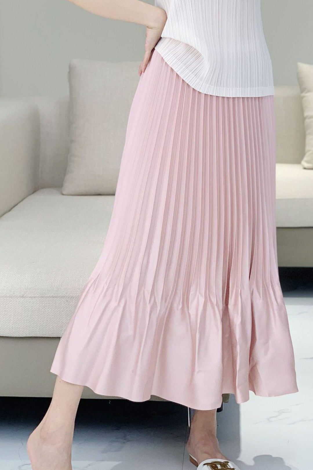 Satin Ruffled Pleated Midi Skirt