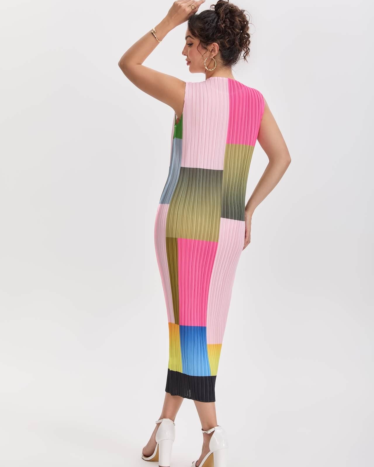 Pleated Color Block Midi Dress