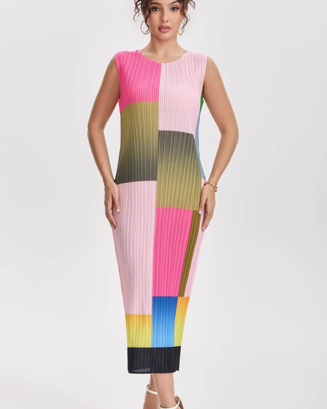 Pleated Color Block Midi Dress
