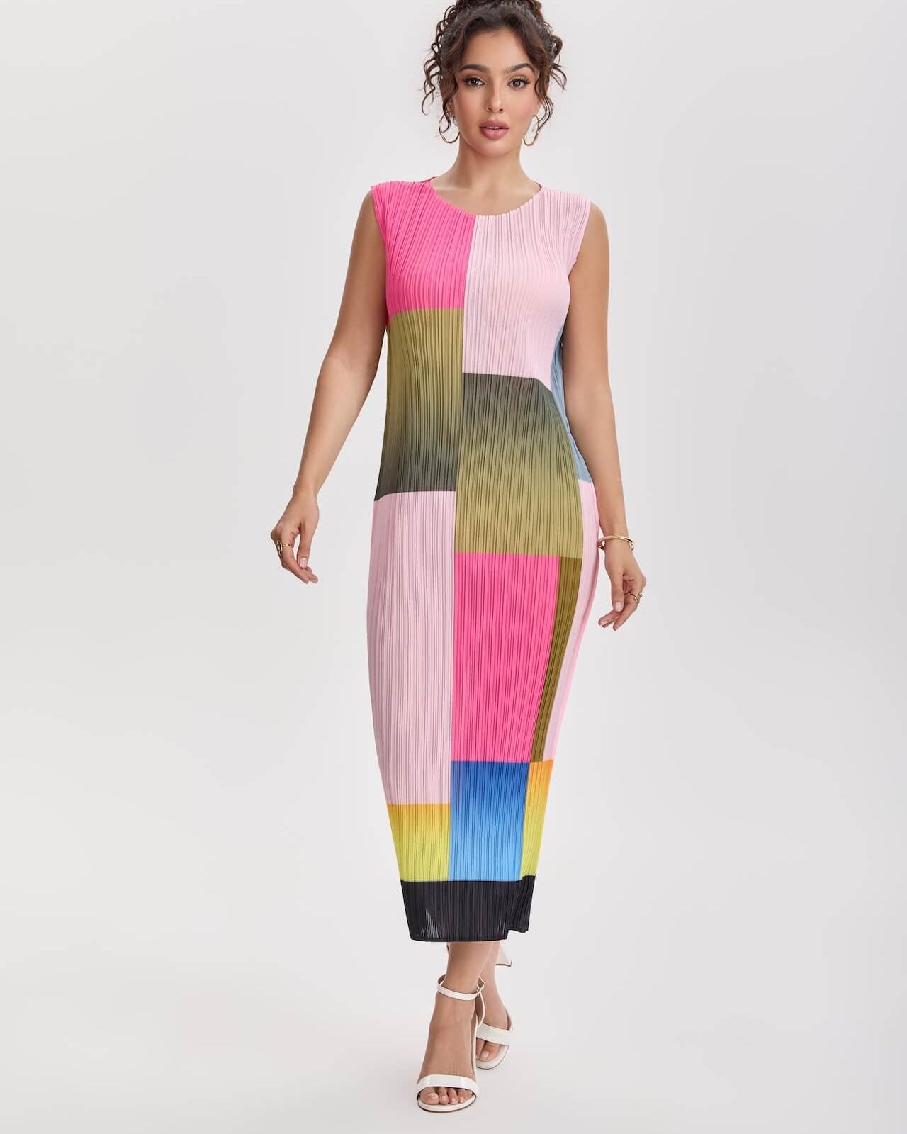 Pleated Color Block Midi Dress