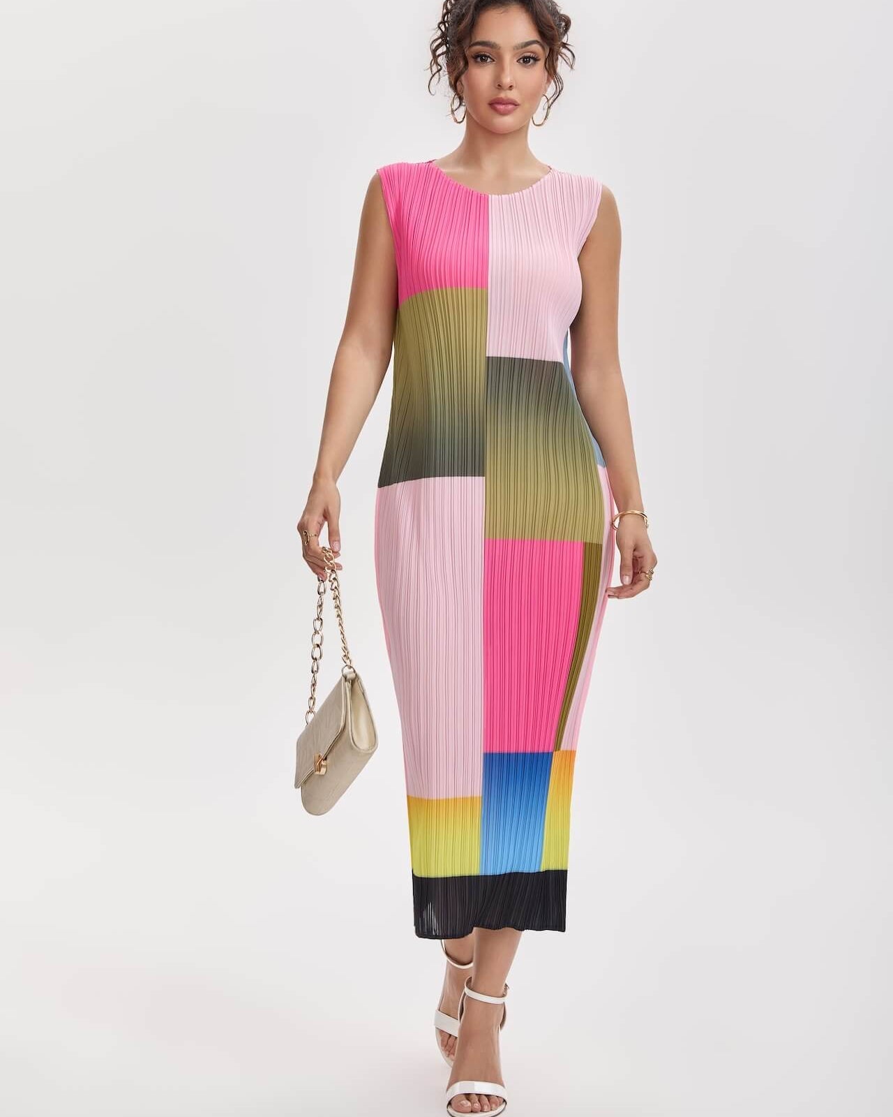 Pleated Color Block Midi Dress