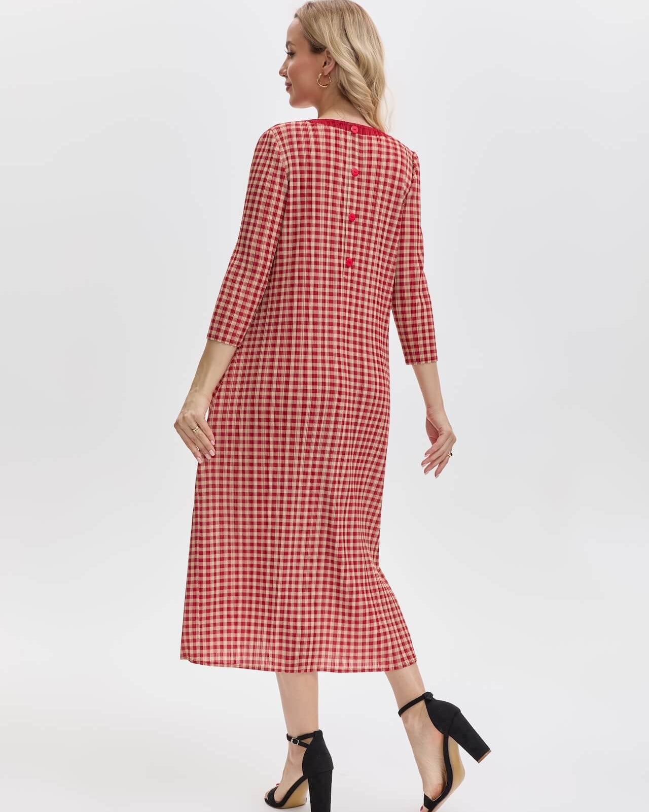 Pleated Gingham Midi Dress With Pockets