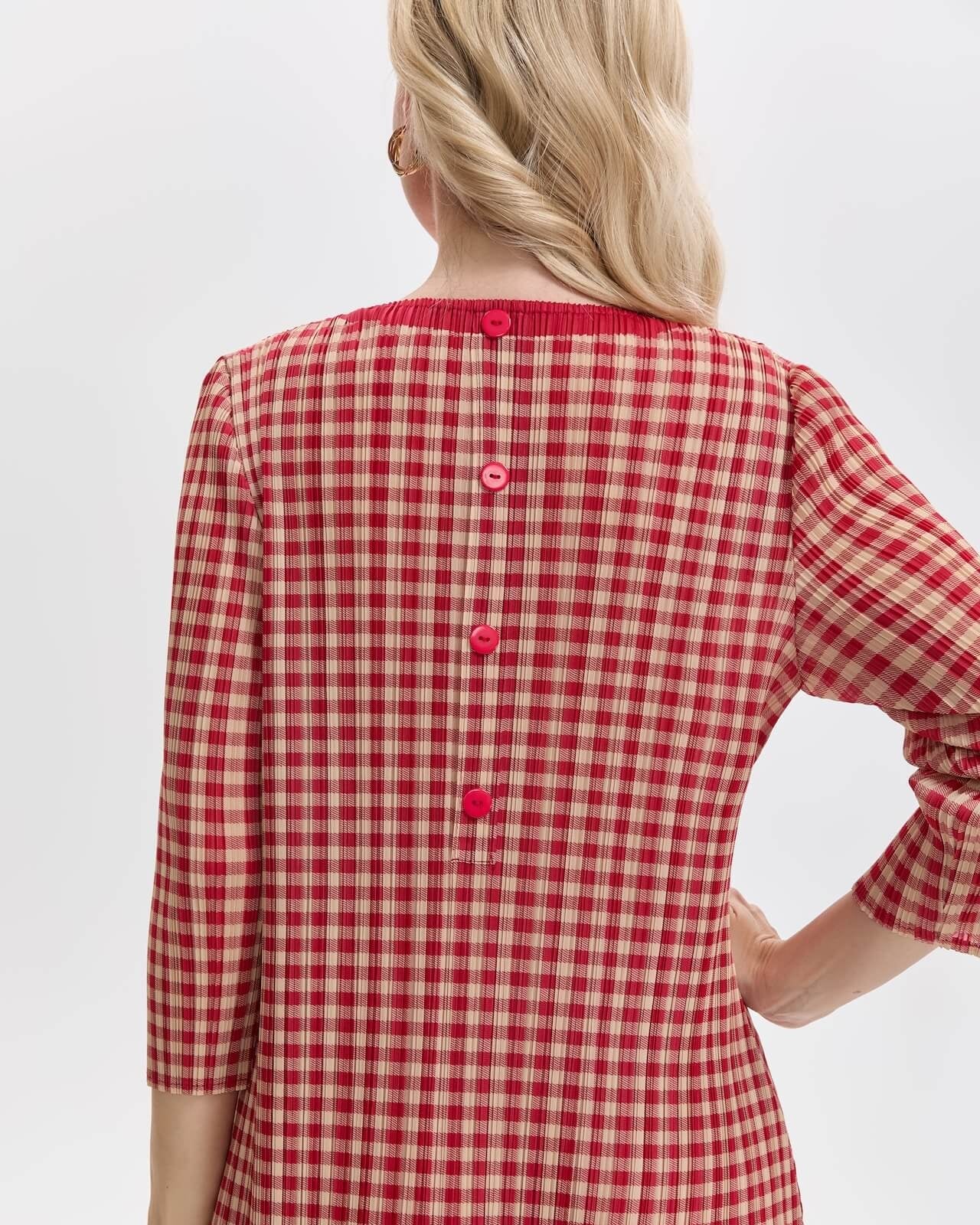 Pleated Gingham Midi Dress With Pockets
