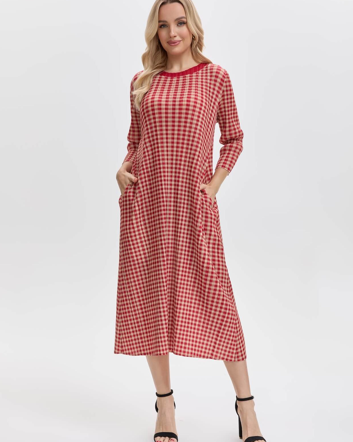 Pleated Gingham Midi Dress With Pockets