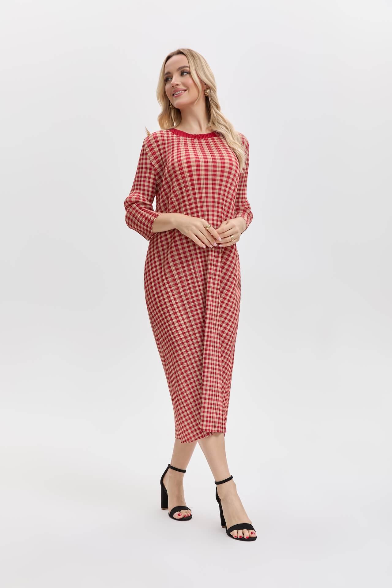 Pleated Gingham Midi Dress With Pockets