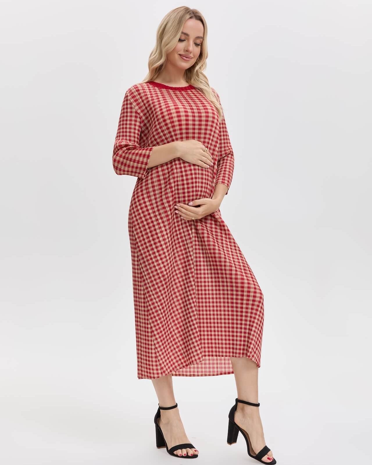 Pleated Gingham Midi Dress With Pockets