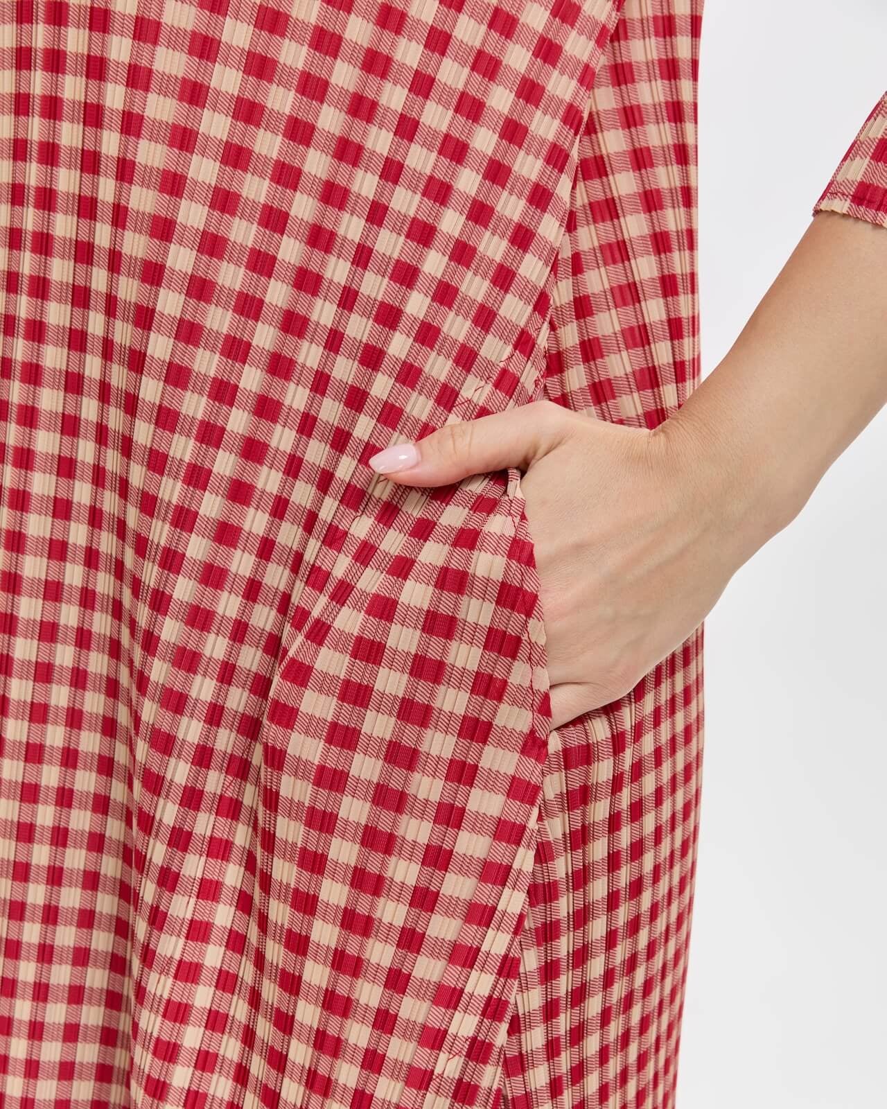Pleated Gingham Midi Dress With Pockets