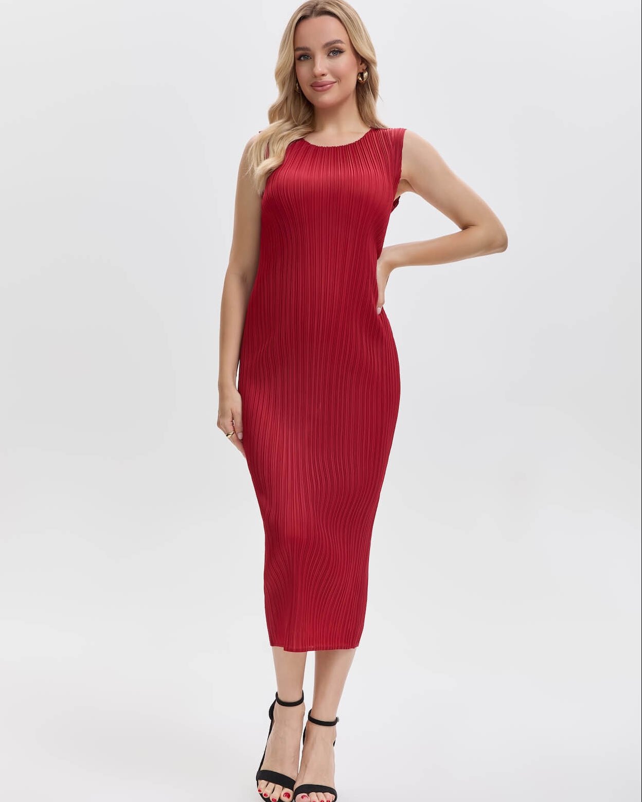 Pleated Midi Dress Maternity Friendly-Wine Red