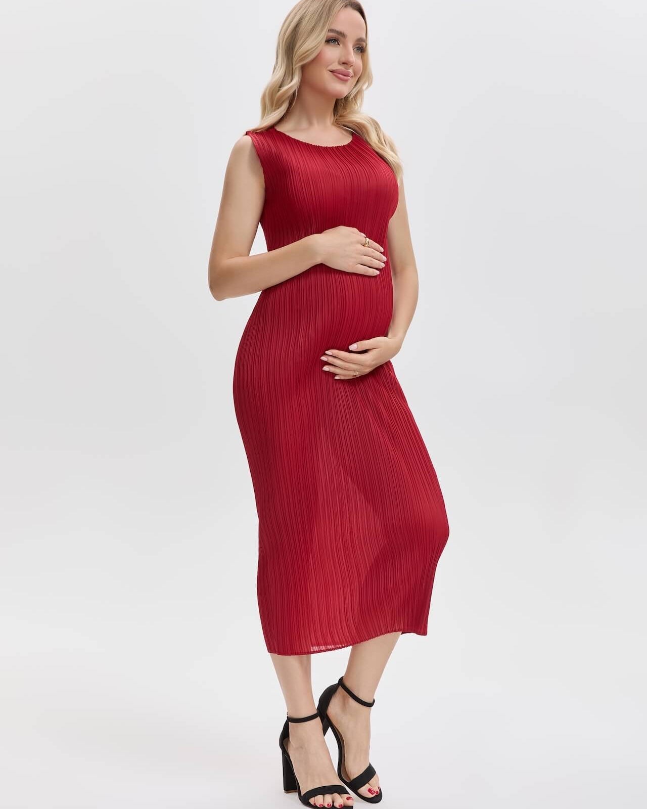 Pleated Midi Dress Maternity Friendly-Wine Red