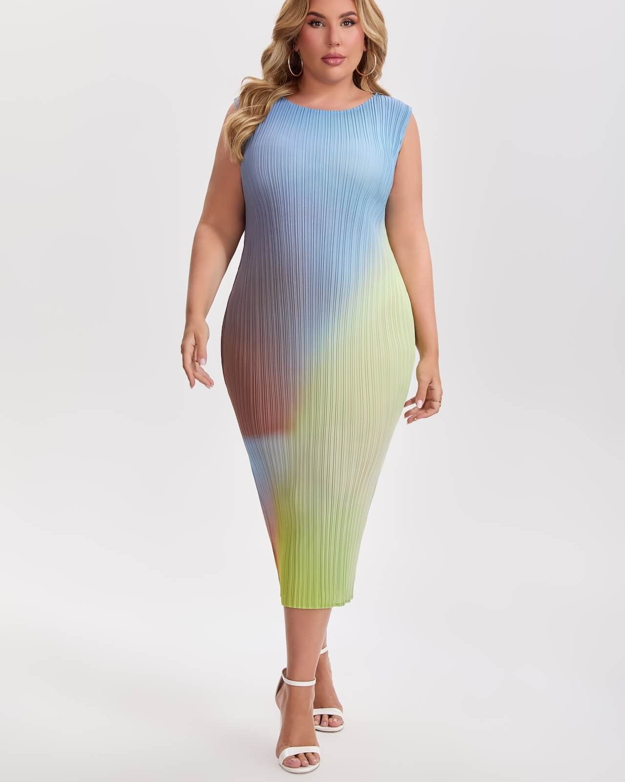 Pleated Ombre Midi Dress | Sleeveless, Stretchy & Inclusive Fit